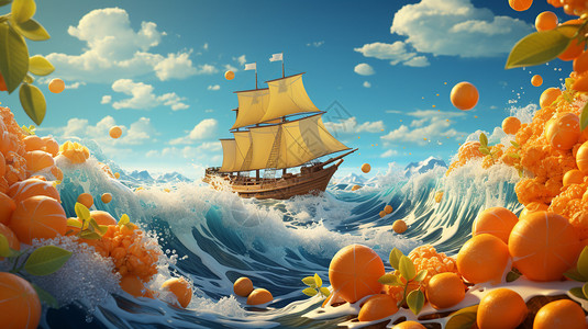 被橘子包围的帆船插画图片