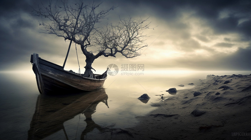 昏暗湖中废船上的孤独的树图片