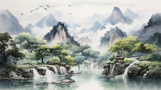 山间风景的水墨画背景图片