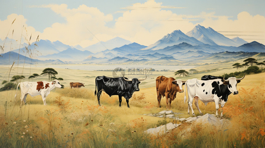 草原上放牧的牛群图片