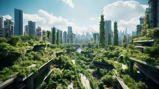 未来派绿化能源的城市建筑景观图片
