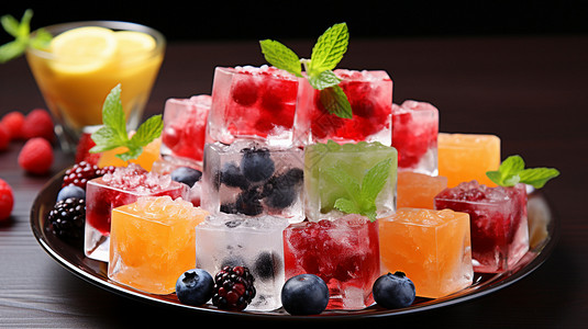 餐盘中的水果冰块图片