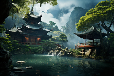 中国古典园林建筑风景中国古代园林建筑插画