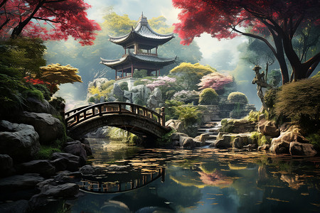 中国古典园林壮丽的中国庭院插画