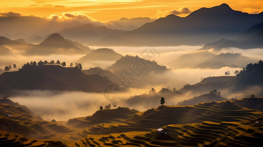 日出时迷雾笼罩的梯田景观图片