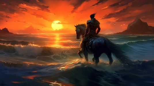 夕阳海岸上骑马的男人插画背景图片
