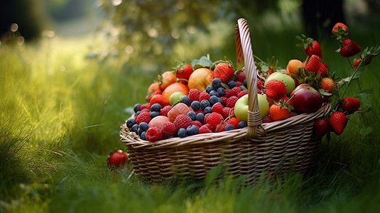 野餐竹篮竹篮中新鲜采摘的水果背景