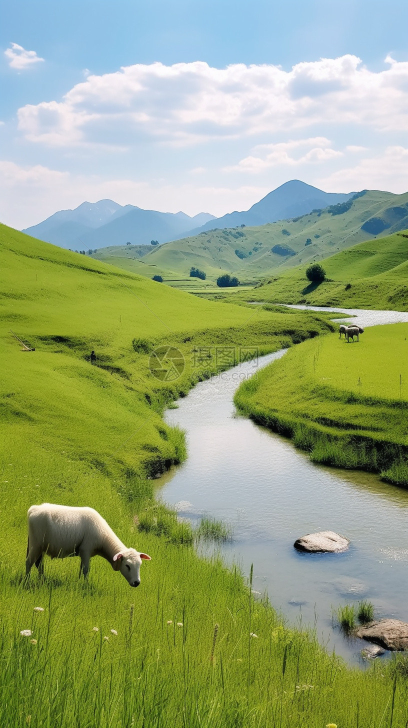 农村草原上放牧的羊群图片
