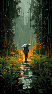 雨天丛林中孤独的男人背景图片