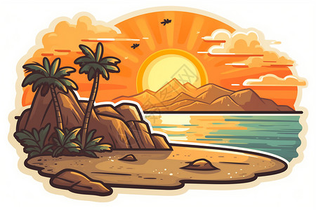 卡通风格的夏季沙滩插图背景图片
