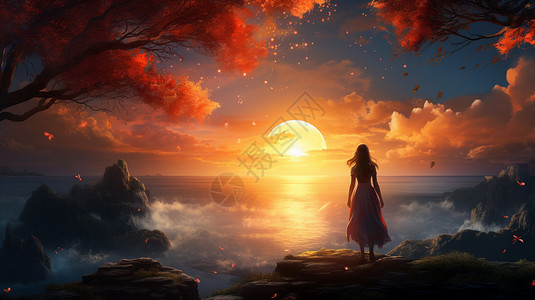 悬崖上欣赏日落的女子图片