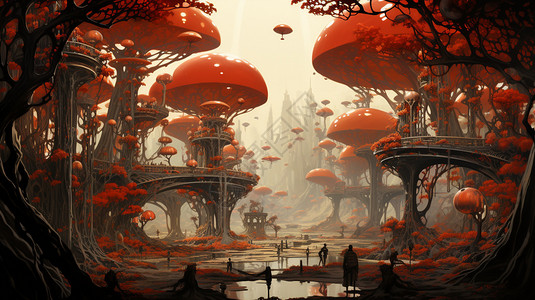 神秘的红色蘑菇森林图片