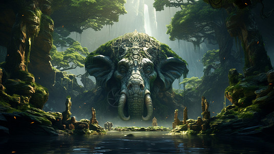 丛林中的古代大象雕塑高清图片