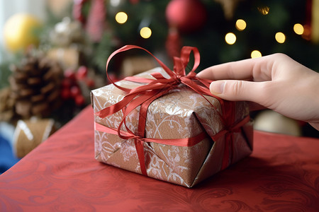 红色丝带包装的圣诞节礼物图片