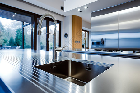 不锈钢厨房水龙头台面背景图片