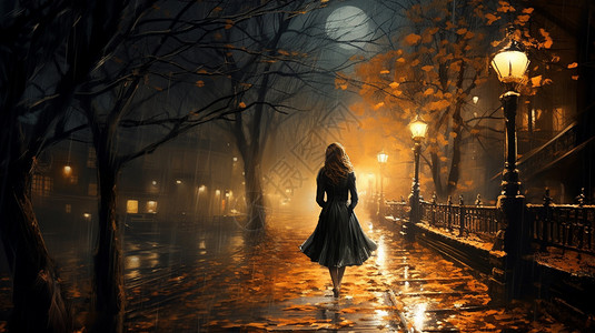 雨天城市街头散步的女子图片