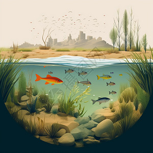 水虾河流中的清澈水质插画