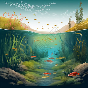 水质清澈河流中的生态系统插画