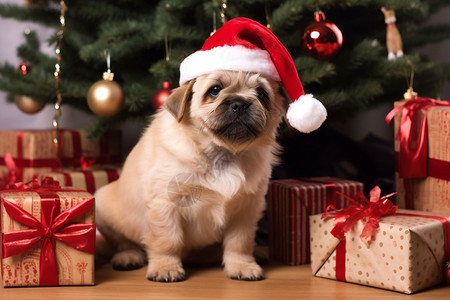 圣诞树旁装扮的圣诞狗狗图片