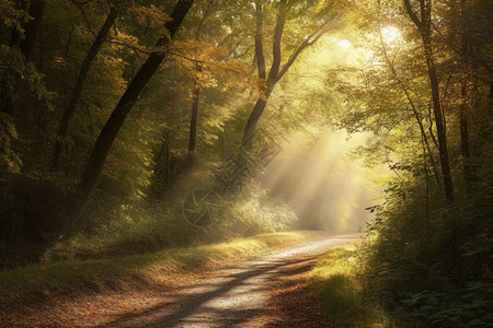 森林里透过叶子的光束图片