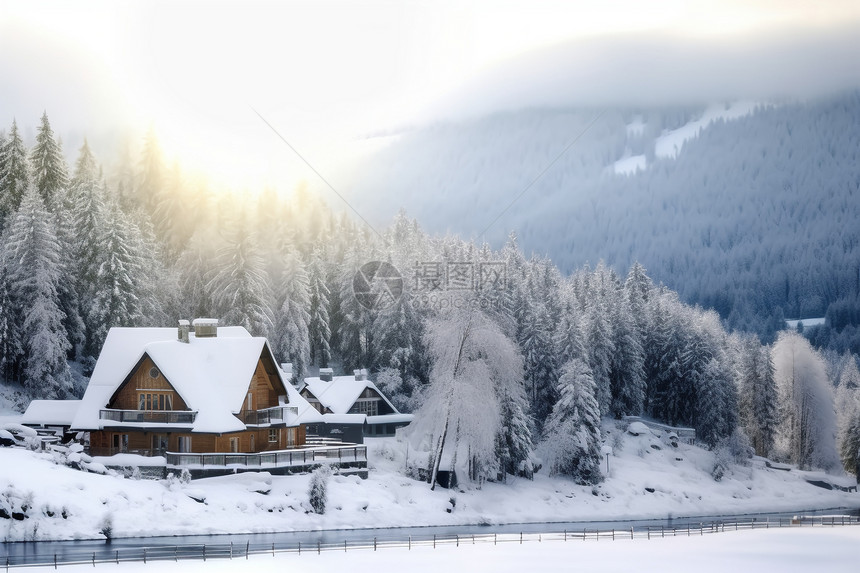 日出时的雪地小屋图片