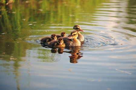 夏天池塘中玩耍的小鸭子图片