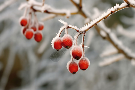 结冰的红色树枝枝头结冰的水果背景