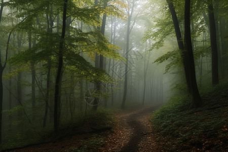 满是雾气的树林图片