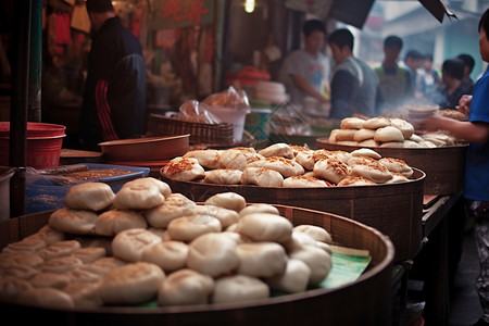 蒸馒头的男人街头美食背景