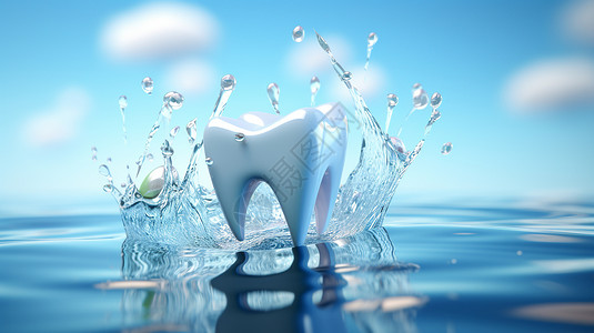 设计的牙齿模型和水背景图片