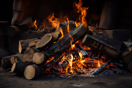 燃烧的木柴篝火图片
