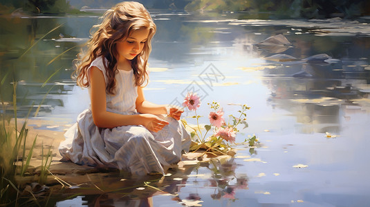 在河边玩水的美丽女孩图片