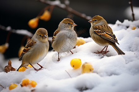 地上的小鸟三只待在雪地上的麻雀背景