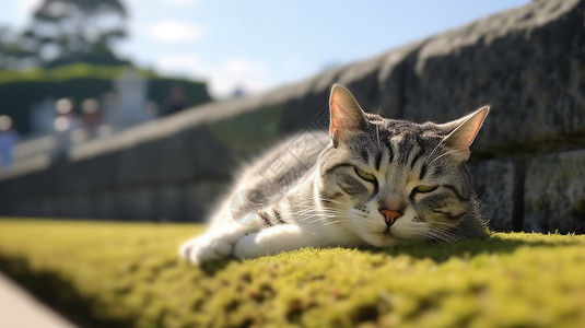 惬意躺在草坪上的猫猫图片