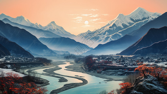 西藏鲁朗小镇一幅西藏美景的插画插画