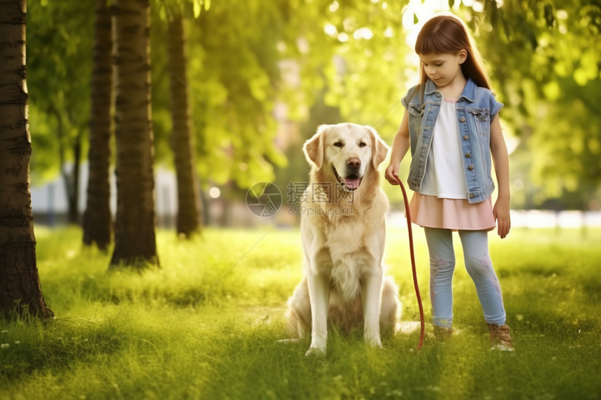 公园草地上的小女孩和狗狗图片