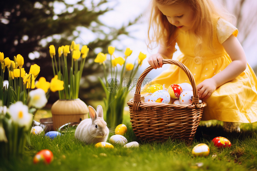 传统节日的复活节兔子和小女孩图片