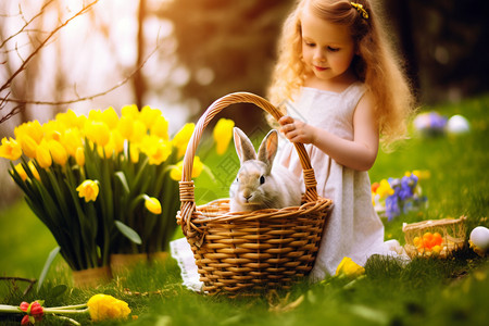 花和兔子夏天草地上的小女孩和兔子背景