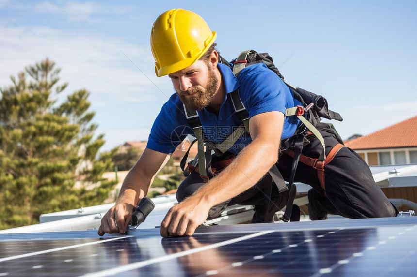 房屋安装太阳能电池板的工人图片