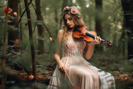 森林中弹小提琴的外国女子背景图片