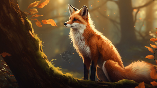 树干上的小狐狸背景图片