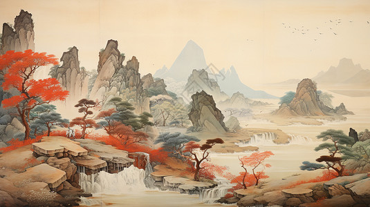 古建筑画古代山间风景水墨画插画