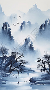 迷雾笼罩的山间水墨画背景图片