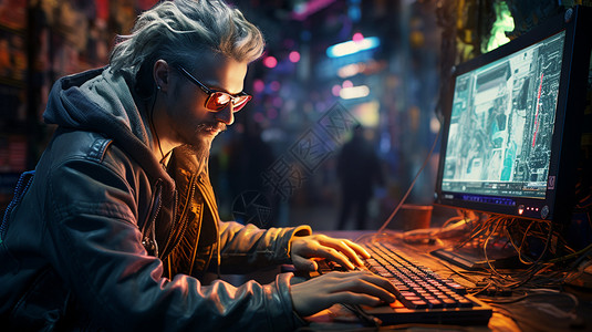 中年男性戴眼镜炫酷的男性电脑黑客设计图片
