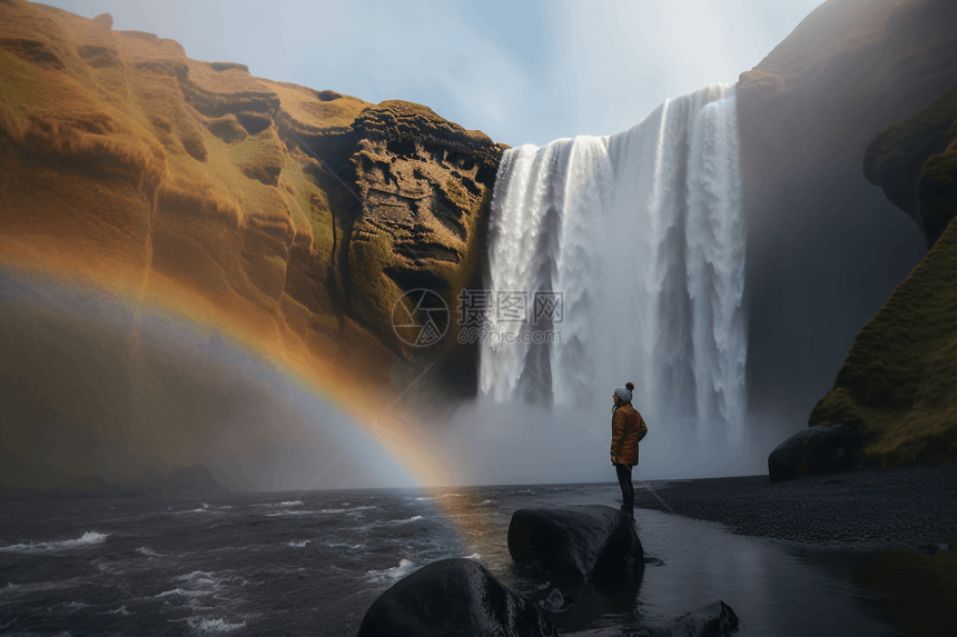 山间瀑布彩虹前的旅行者图片