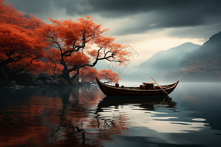 秋天宁静氛围的小木船背景图片