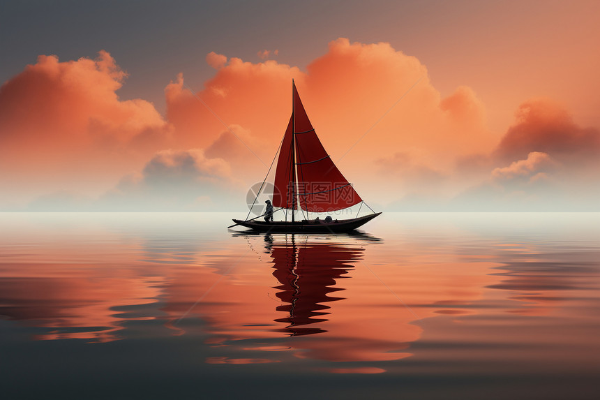 橙色船和孤独的身影图片