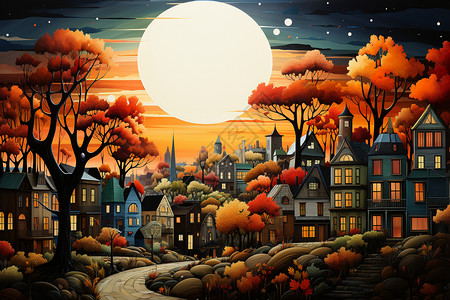 城市特写秋天色彩的迷人的城市插画