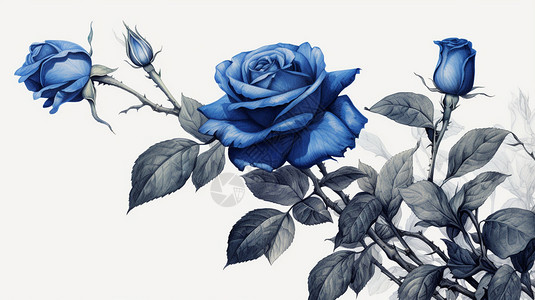蓝色中国玫瑰石版画图片