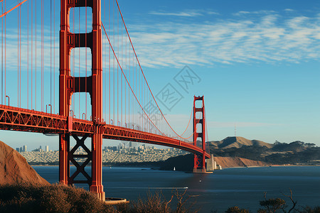 河面上的红色铁桥背景图片
